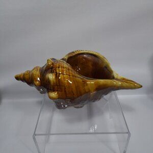 Ceramic Pottery Shell Planter Vase Brown Drip Glaze Sea Conch Mold #2512 Vintage